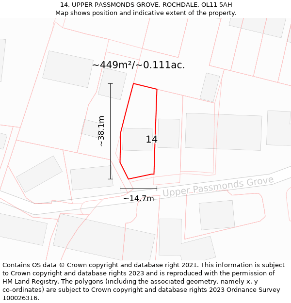 14, UPPER PASSMONDS GROVE, ROCHDALE, OL11 5AH: Plot and title map