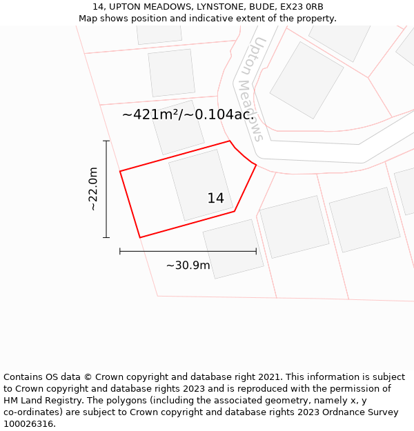 14, UPTON MEADOWS, LYNSTONE, BUDE, EX23 0RB: Plot and title map