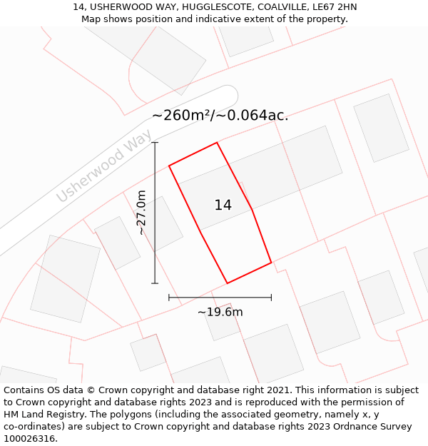 14, USHERWOOD WAY, HUGGLESCOTE, COALVILLE, LE67 2HN: Plot and title map