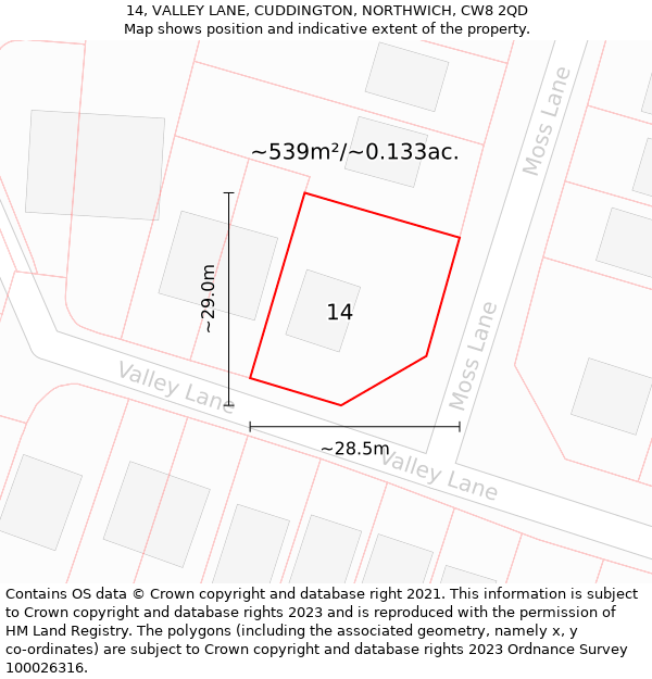 14, VALLEY LANE, CUDDINGTON, NORTHWICH, CW8 2QD: Plot and title map