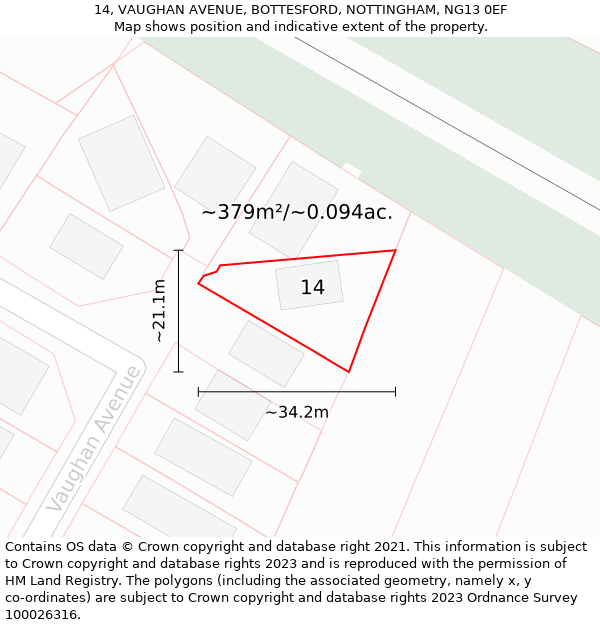 14, VAUGHAN AVENUE, BOTTESFORD, NOTTINGHAM, NG13 0EF: Plot and title map