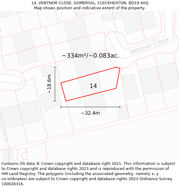 14, VENTNOR CLOSE, GOMERSAL, CLECKHEATON, BD19 4AQ: Plot and title map