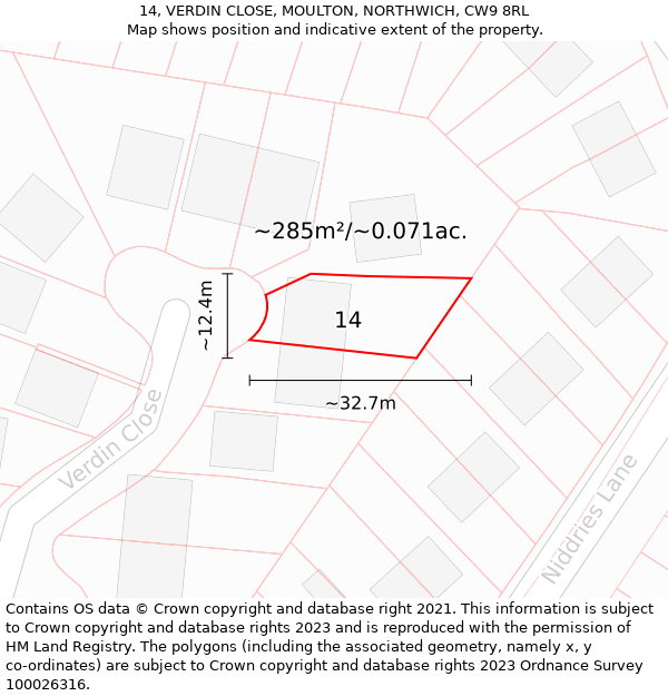 14, VERDIN CLOSE, MOULTON, NORTHWICH, CW9 8RL: Plot and title map
