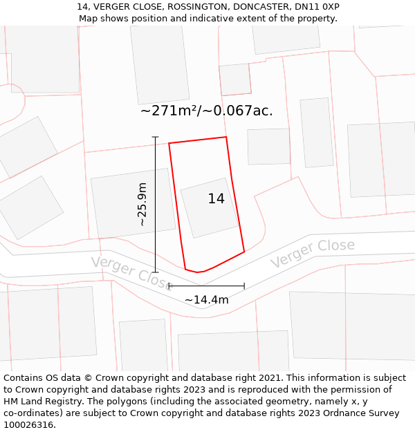 14, VERGER CLOSE, ROSSINGTON, DONCASTER, DN11 0XP: Plot and title map