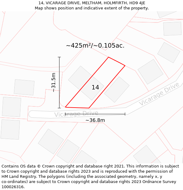 14, VICARAGE DRIVE, MELTHAM, HOLMFIRTH, HD9 4JE: Plot and title map