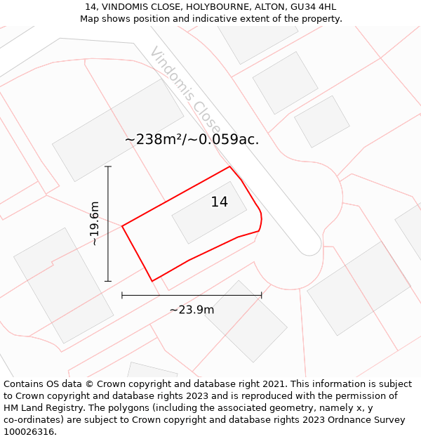 14, VINDOMIS CLOSE, HOLYBOURNE, ALTON, GU34 4HL: Plot and title map