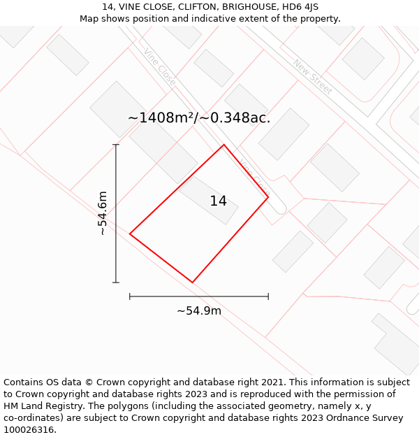 14, VINE CLOSE, CLIFTON, BRIGHOUSE, HD6 4JS: Plot and title map