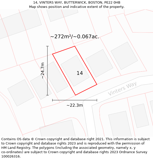 14, VINTERS WAY, BUTTERWICK, BOSTON, PE22 0HB: Plot and title map