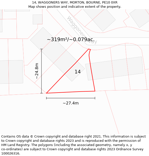 14, WAGGONERS WAY, MORTON, BOURNE, PE10 0XR: Plot and title map