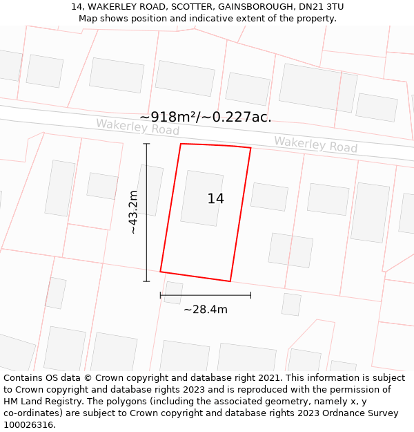 14, WAKERLEY ROAD, SCOTTER, GAINSBOROUGH, DN21 3TU: Plot and title map