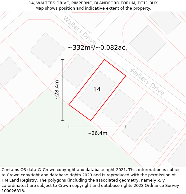 14, WALTERS DRIVE, PIMPERNE, BLANDFORD FORUM, DT11 8UX: Plot and title map