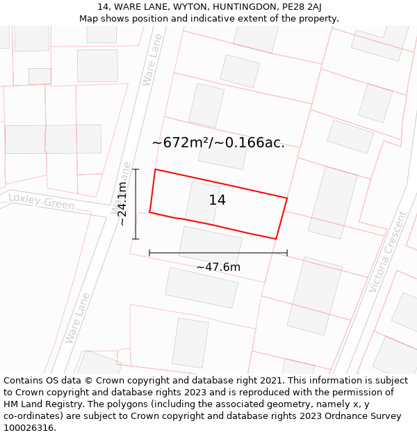 14, WARE LANE, WYTON, HUNTINGDON, PE28 2AJ: Plot and title map