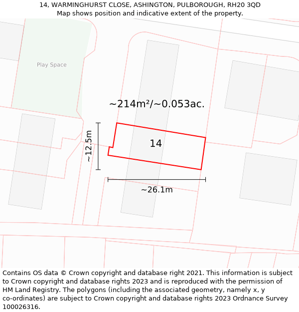 14, WARMINGHURST CLOSE, ASHINGTON, PULBOROUGH, RH20 3QD: Plot and title map