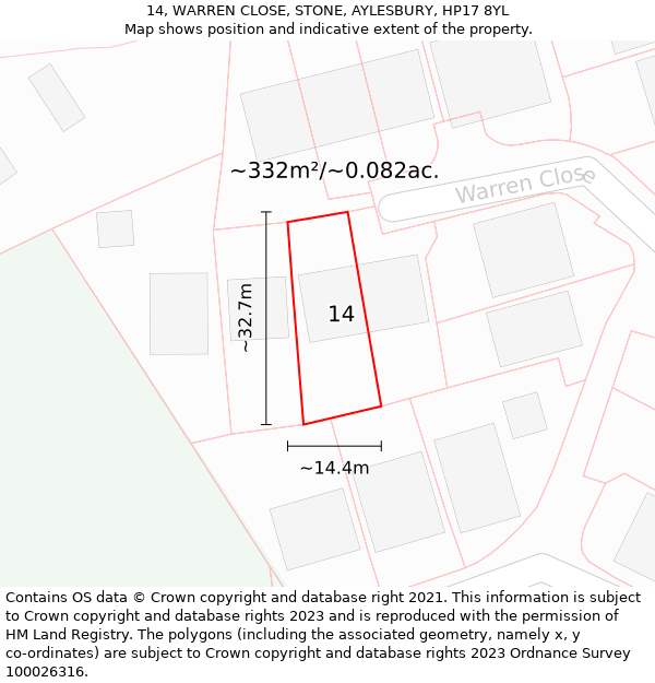 14, WARREN CLOSE, STONE, AYLESBURY, HP17 8YL: Plot and title map