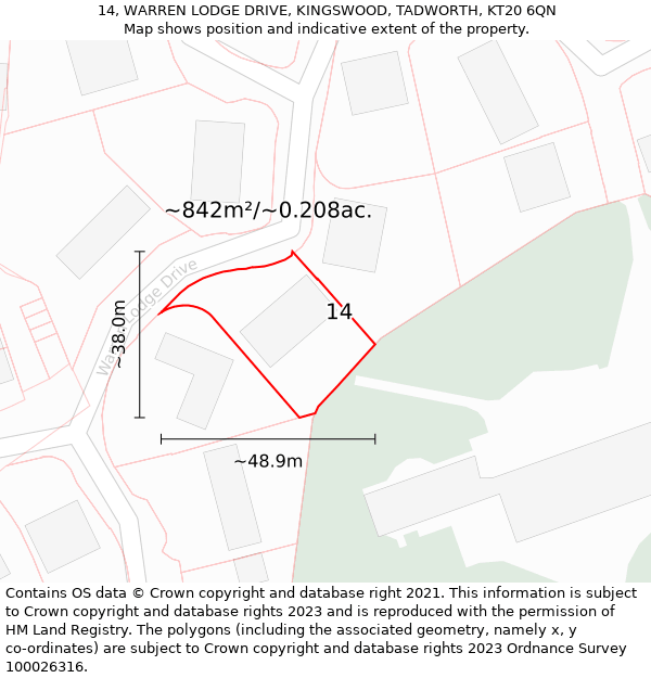 14, WARREN LODGE DRIVE, KINGSWOOD, TADWORTH, KT20 6QN: Plot and title map