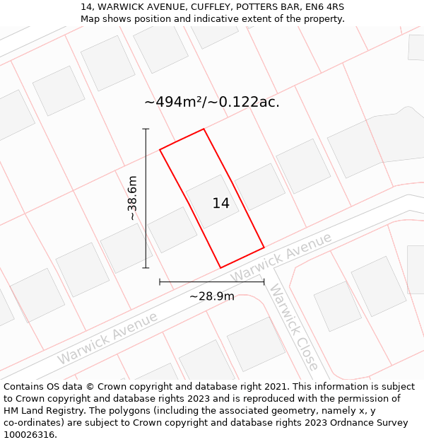 14, WARWICK AVENUE, CUFFLEY, POTTERS BAR, EN6 4RS: Plot and title map