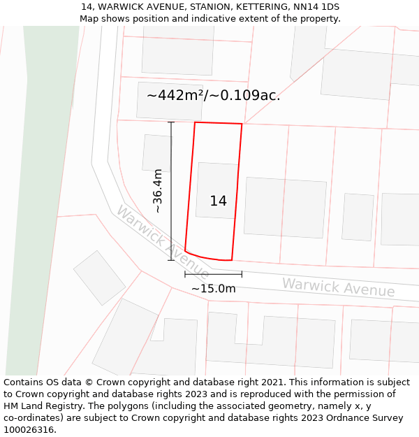 14, WARWICK AVENUE, STANION, KETTERING, NN14 1DS: Plot and title map