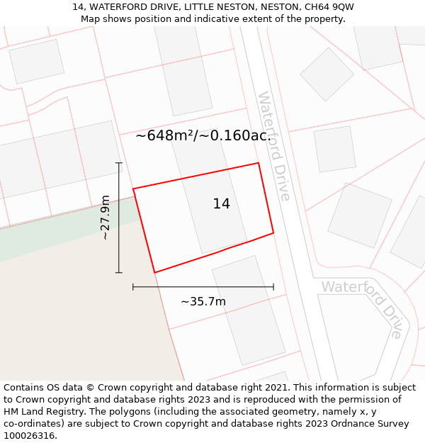 14, WATERFORD DRIVE, LITTLE NESTON, NESTON, CH64 9QW: Plot and title map