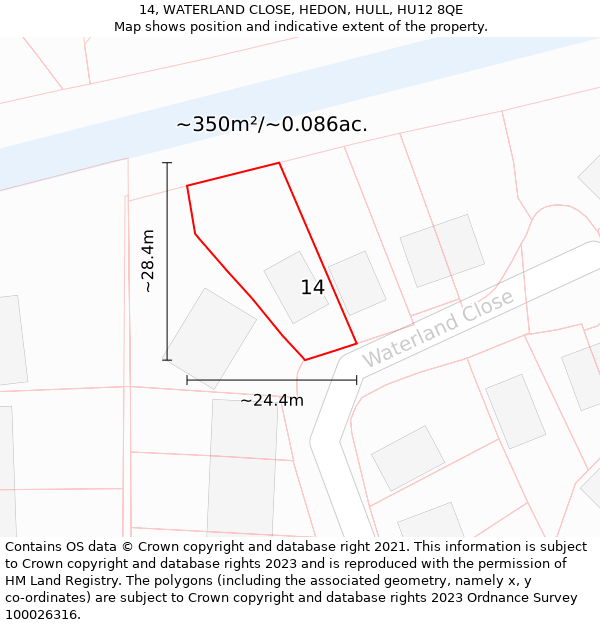 14, WATERLAND CLOSE, HEDON, HULL, HU12 8QE: Plot and title map