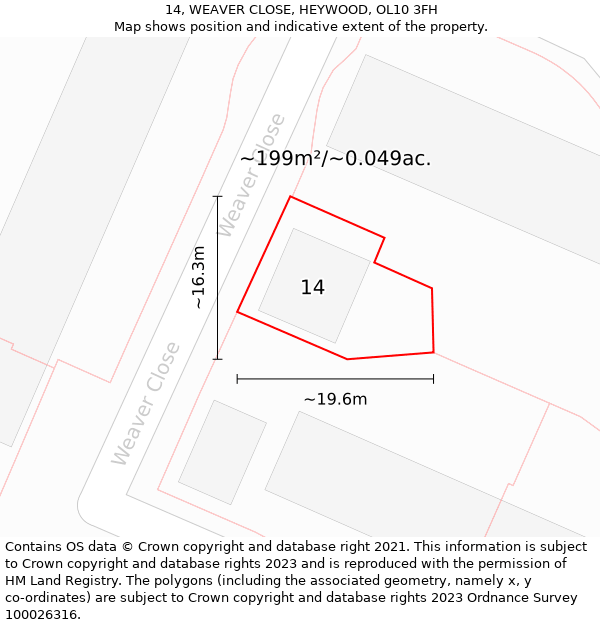 14, WEAVER CLOSE, HEYWOOD, OL10 3FH: Plot and title map