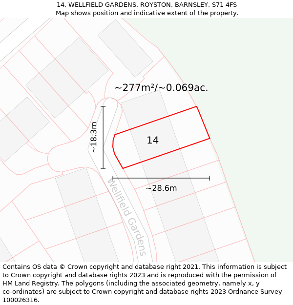 14, WELLFIELD GARDENS, ROYSTON, BARNSLEY, S71 4FS: Plot and title map