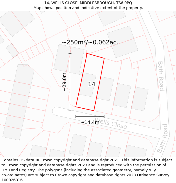 14, WELLS CLOSE, MIDDLESBROUGH, TS6 9PQ: Plot and title map