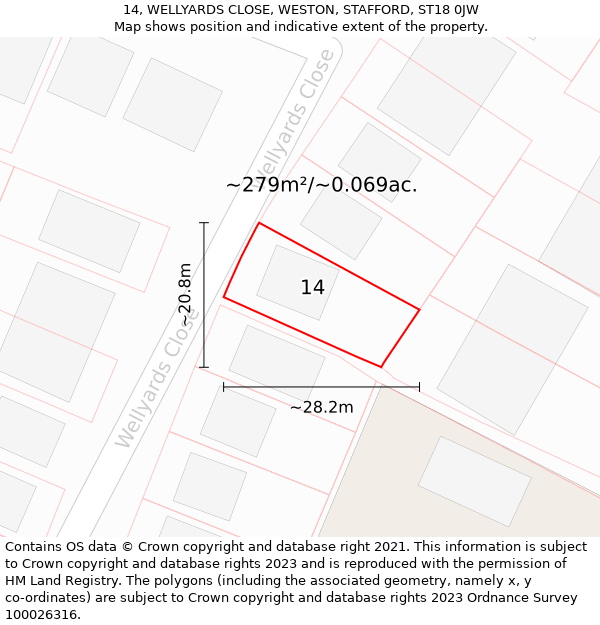 14, WELLYARDS CLOSE, WESTON, STAFFORD, ST18 0JW: Plot and title map