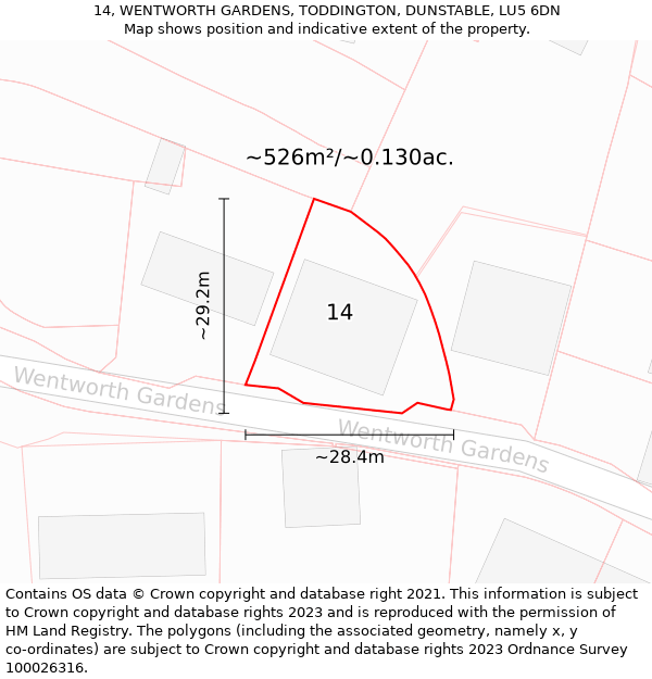 14, WENTWORTH GARDENS, TODDINGTON, DUNSTABLE, LU5 6DN: Plot and title map