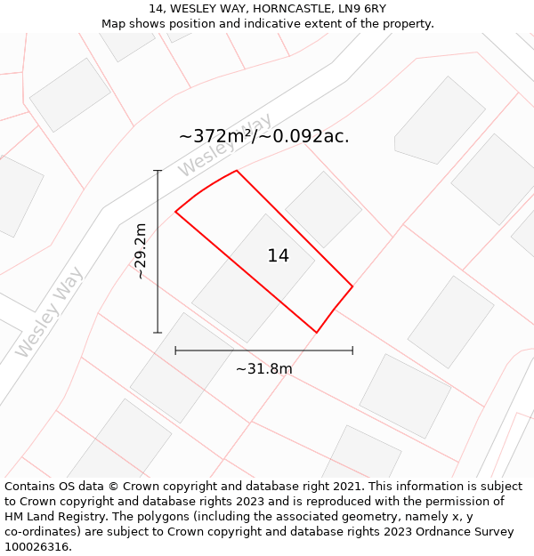 14, WESLEY WAY, HORNCASTLE, LN9 6RY: Plot and title map