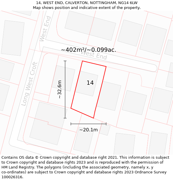 14, WEST END, CALVERTON, NOTTINGHAM, NG14 6LW: Plot and title map