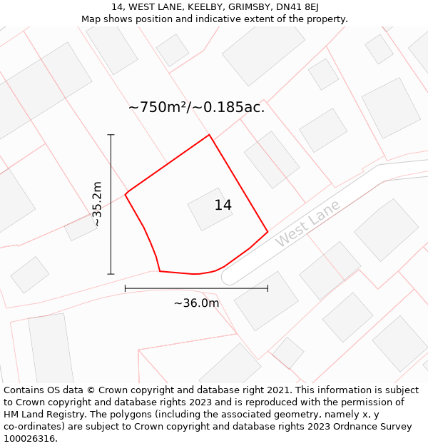 14, WEST LANE, KEELBY, GRIMSBY, DN41 8EJ: Plot and title map