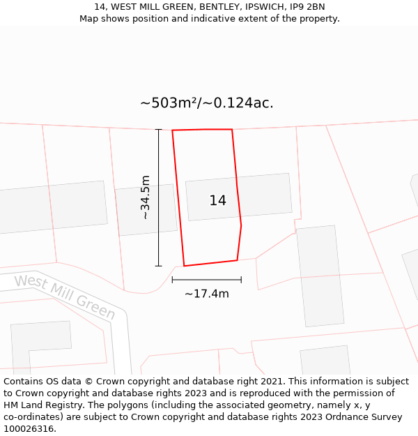 14, WEST MILL GREEN, BENTLEY, IPSWICH, IP9 2BN: Plot and title map