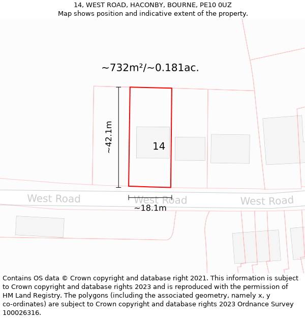 14, WEST ROAD, HACONBY, BOURNE, PE10 0UZ: Plot and title map