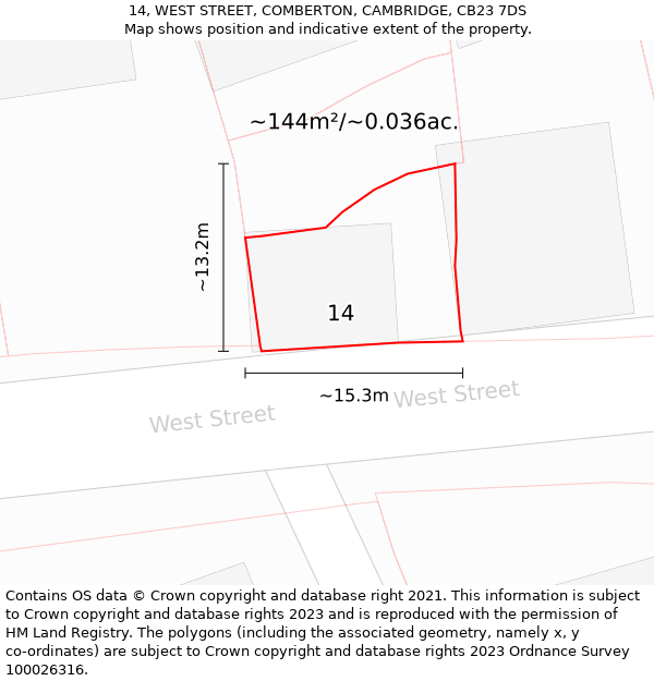 14, WEST STREET, COMBERTON, CAMBRIDGE, CB23 7DS: Plot and title map