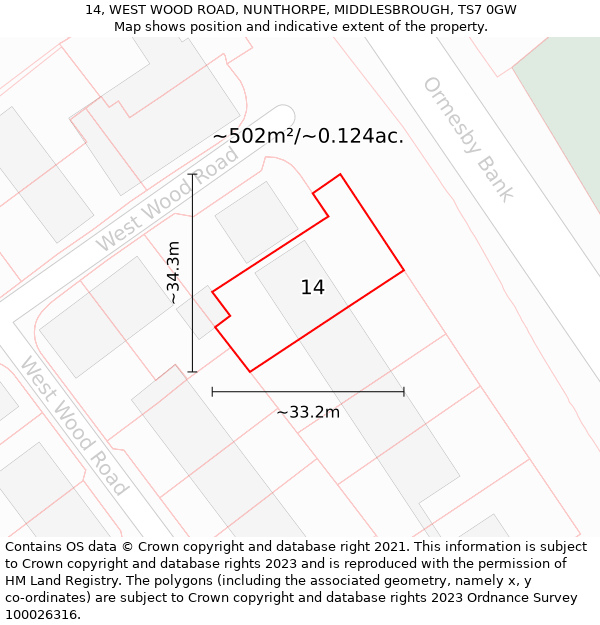 14, WEST WOOD ROAD, NUNTHORPE, MIDDLESBROUGH, TS7 0GW: Plot and title map