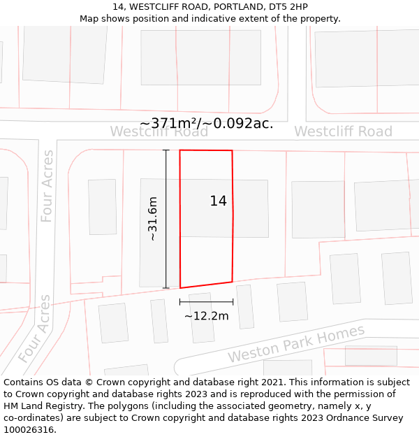 14, WESTCLIFF ROAD, PORTLAND, DT5 2HP: Plot and title map