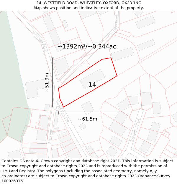 14, WESTFIELD ROAD, WHEATLEY, OXFORD, OX33 1NG: Plot and title map