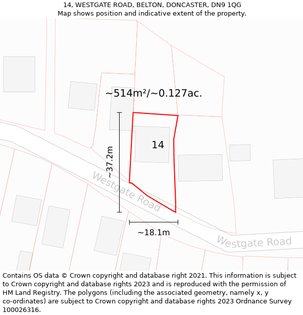 14, WESTGATE ROAD, BELTON, DONCASTER, DN9 1QG: Plot and title map