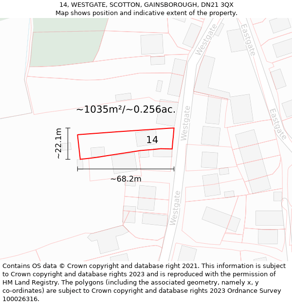 14, WESTGATE, SCOTTON, GAINSBOROUGH, DN21 3QX: Plot and title map