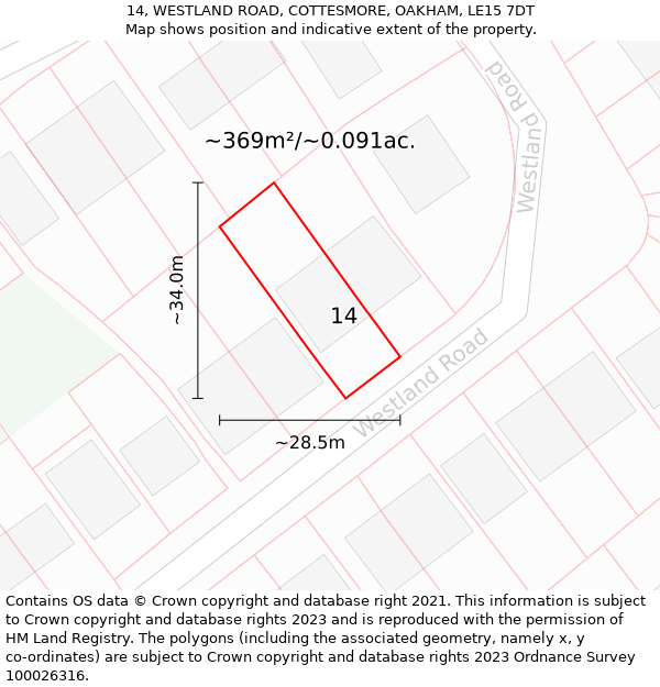 14, WESTLAND ROAD, COTTESMORE, OAKHAM, LE15 7DT: Plot and title map