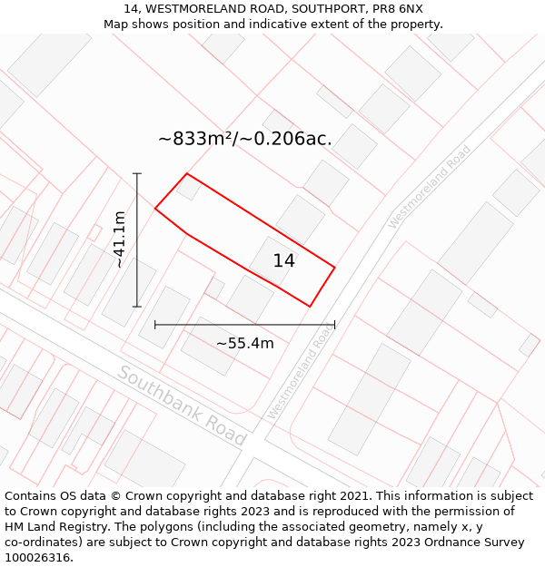 14, WESTMORELAND ROAD, SOUTHPORT, PR8 6NX: Plot and title map