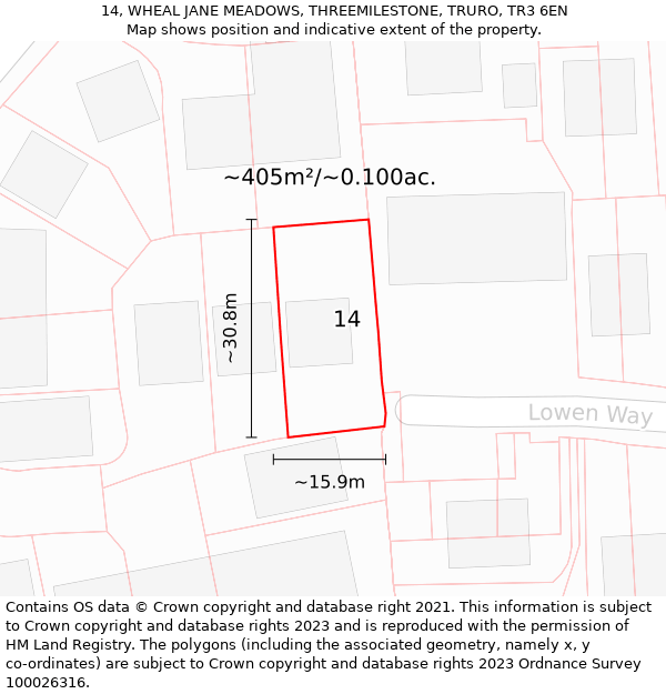 14, WHEAL JANE MEADOWS, THREEMILESTONE, TRURO, TR3 6EN: Plot and title map