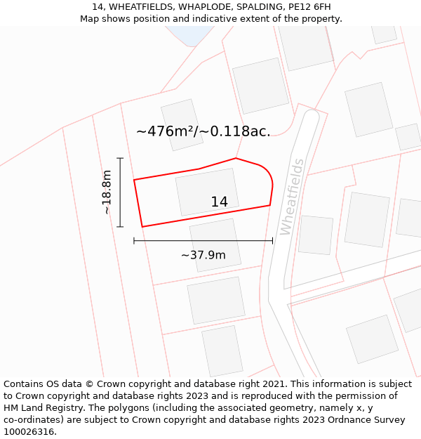 14, WHEATFIELDS, WHAPLODE, SPALDING, PE12 6FH: Plot and title map