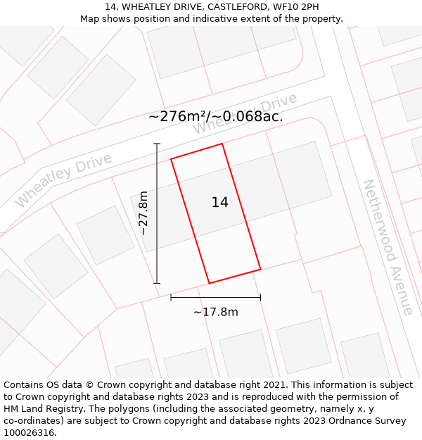 14, WHEATLEY DRIVE, CASTLEFORD, WF10 2PH: Plot and title map