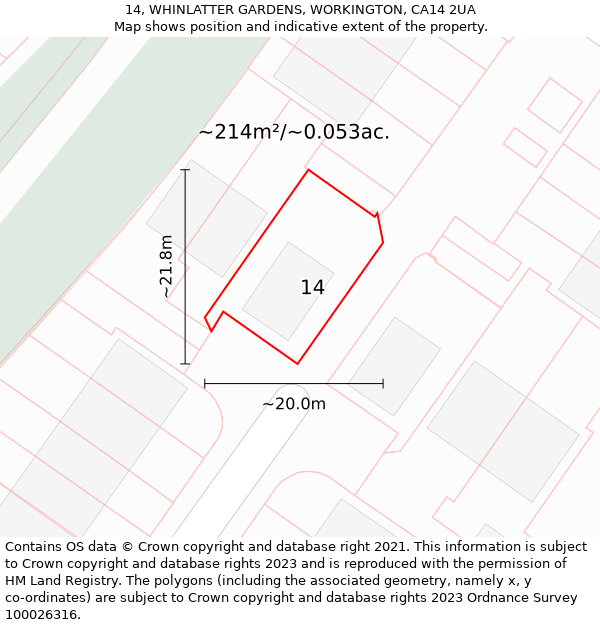 14, WHINLATTER GARDENS, WORKINGTON, CA14 2UA: Plot and title map