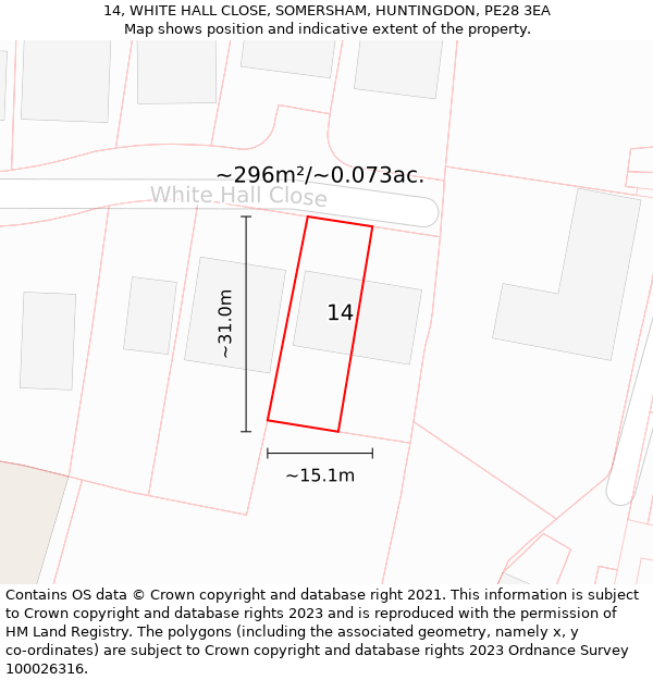 14, WHITE HALL CLOSE, SOMERSHAM, HUNTINGDON, PE28 3EA: Plot and title map