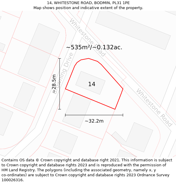 14, WHITESTONE ROAD, BODMIN, PL31 1PE: Plot and title map