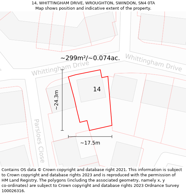 14, WHITTINGHAM DRIVE, WROUGHTON, SWINDON, SN4 0TA: Plot and title map