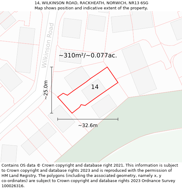 14, WILKINSON ROAD, RACKHEATH, NORWICH, NR13 6SG: Plot and title map