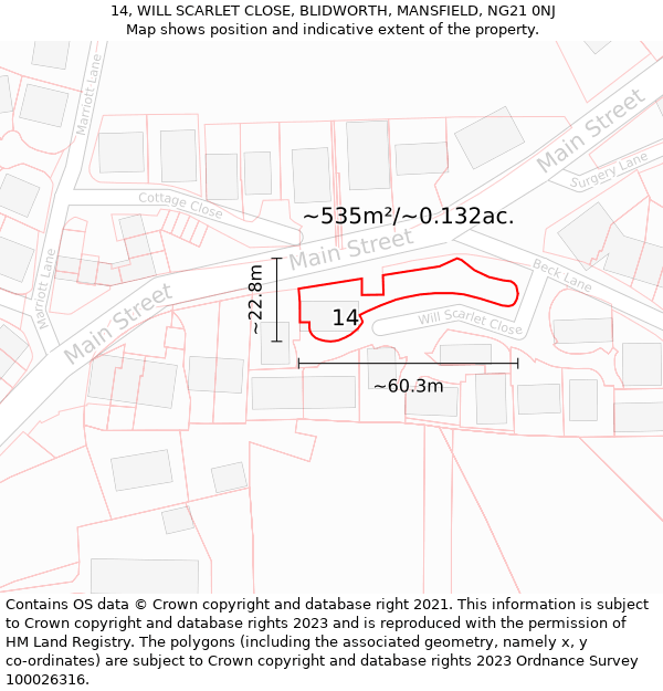 14, WILL SCARLET CLOSE, BLIDWORTH, MANSFIELD, NG21 0NJ: Plot and title map